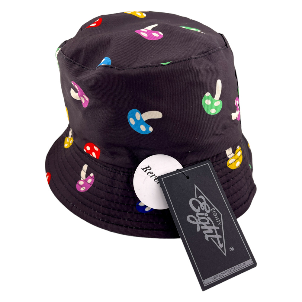 Eighty Eight Colorful Mushroom Print Black‎ Bucket Hat Reversible Black One Size